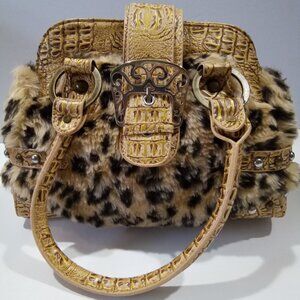Mad bags hand bag Leopard faux fur faux leather with decorative accents.